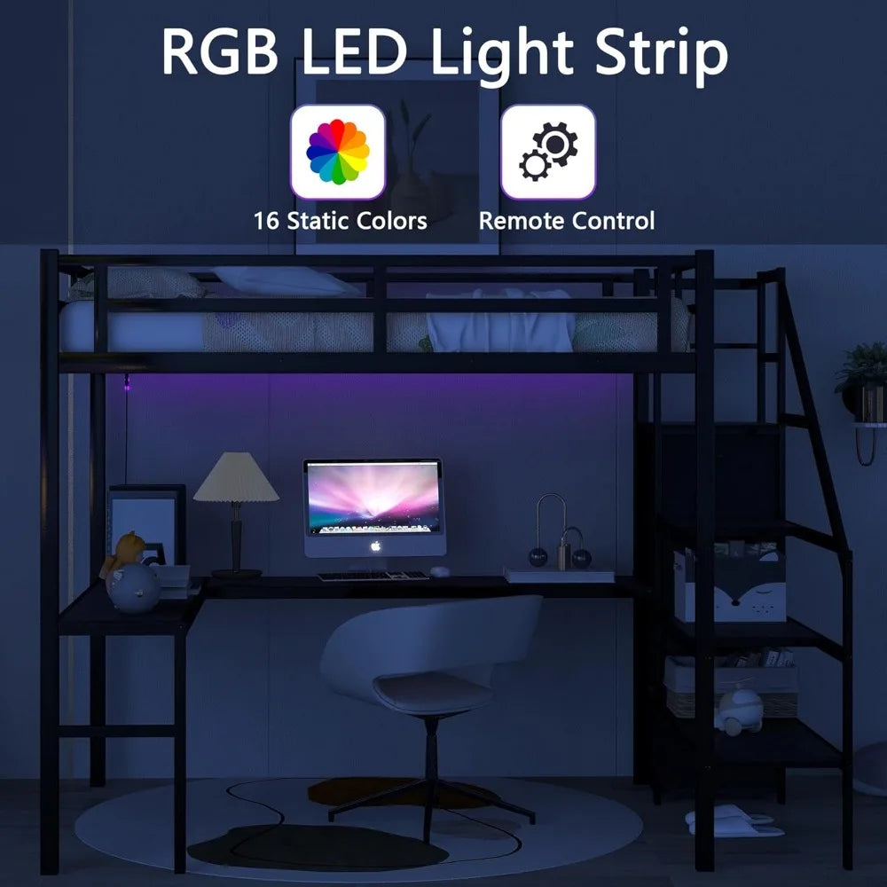 Full Size Loft Bed with Desk, Storage Stairs and Wardrobe, Full Loft Bed Charging Station(USB Port, Outlets) and RGB LED Light