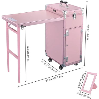 Rolling Manicure Table Foldable Nail Table Makeup Train Case with Desk Cosmetic Trolley Travel Storage Organizer with Speaker.