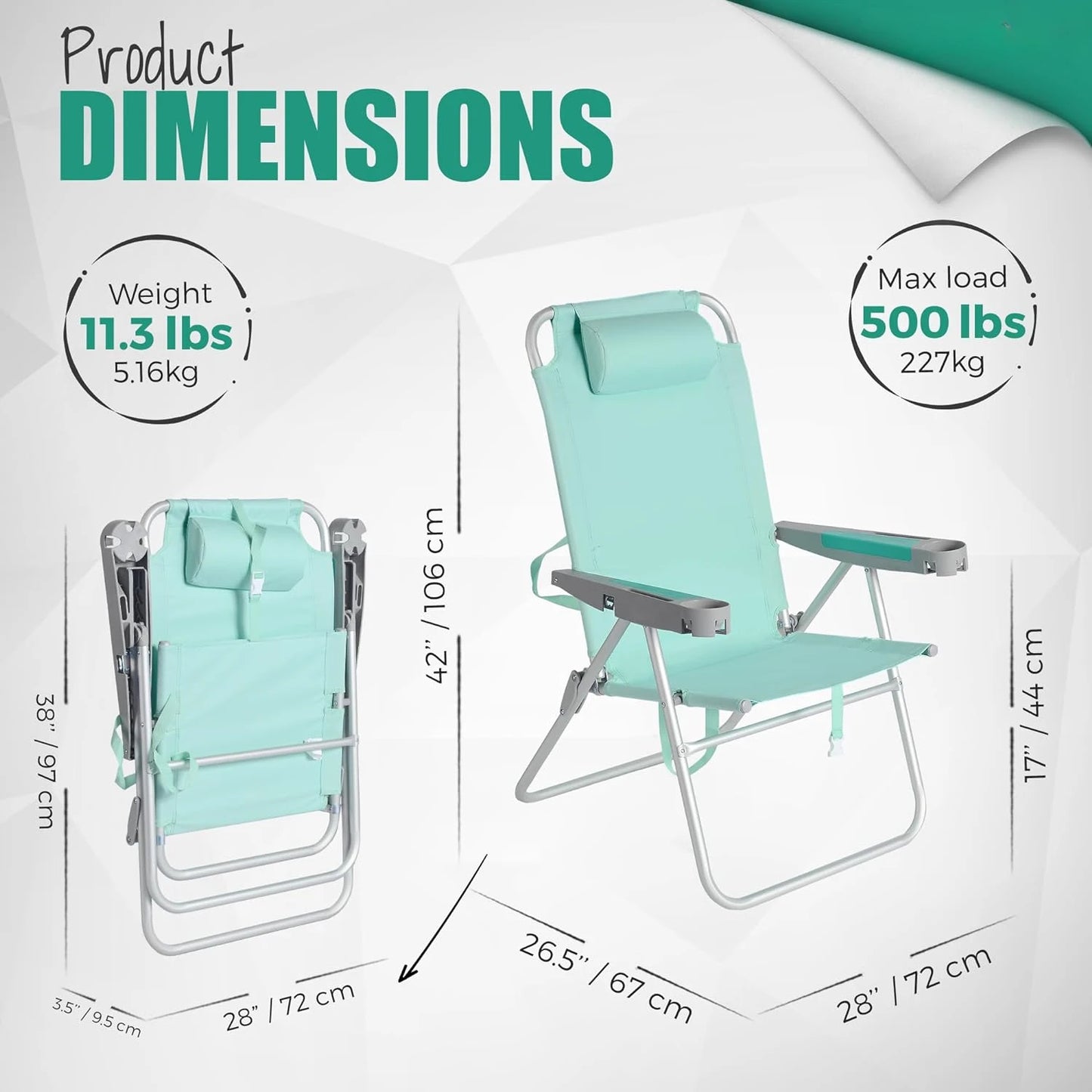 Chaises de plage surdimensionnées de 17 po de hauteur, lot de 2 pour charges lourdes de 500 lb, 5 positions, chaise de camping pliante haute portable avec porte-gobelet