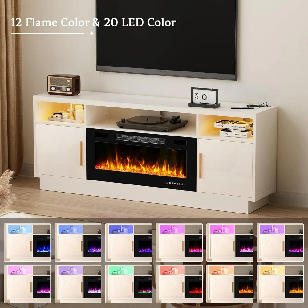 Modern Industrial TV Stand with 36'' Fireplace-LED Light Entertainment Center suit for 75+ inch TV-White with Storage