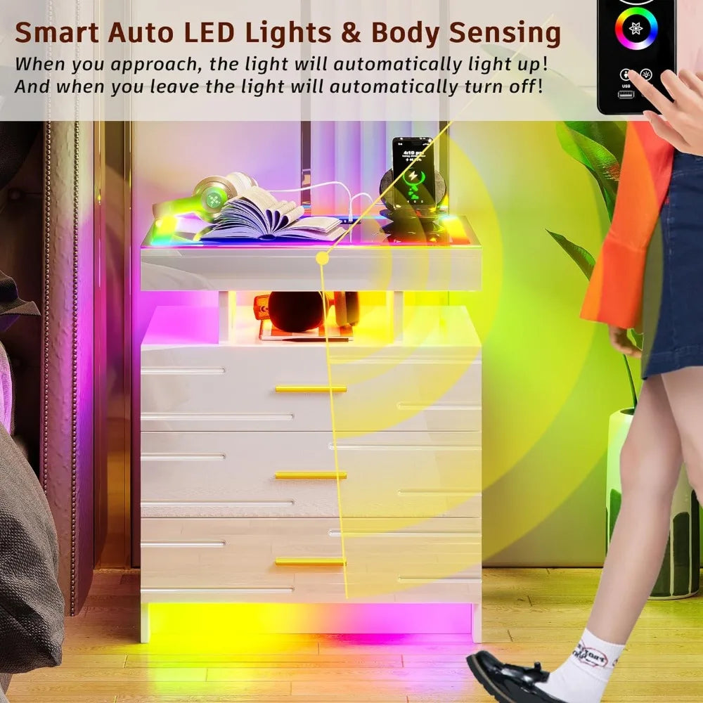 Muebles de dormitorio de cristal con pantalla táctil Mesita de noche con LED RGB Mesita de noche con estación de carga Inicio