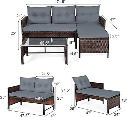 3/5-Piece Outdoor PE Rattan Furniture Set Patio Black Wicker Conversation Loveseat Sofa Sectional Couch Khaki Cushion outdoor