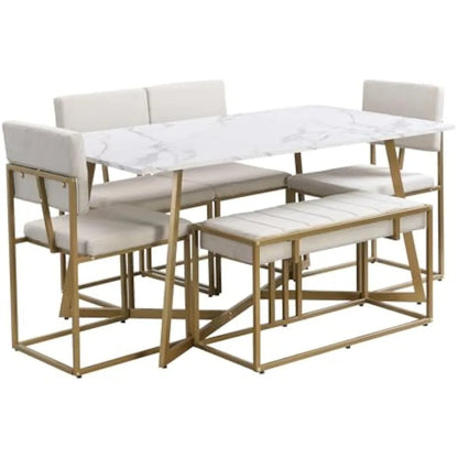 6-Piece Dining Table Set, Metal Kitchen Table Set with 4 Dining Chairs and Bench, Modern Faux Marble Dining Room Set