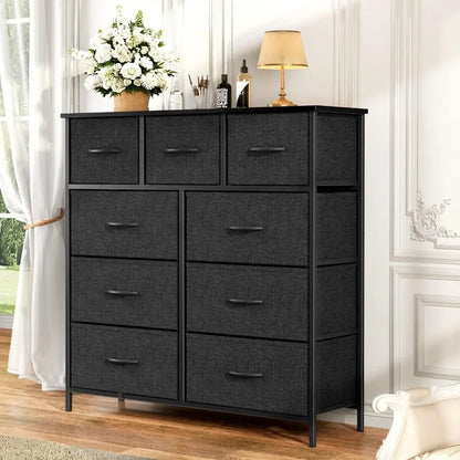 Dressing Cabinet, 9-drawer Dresser, Chest of Drawers with Fabric Storage Bins, Tall Dresser with Wooden Tops