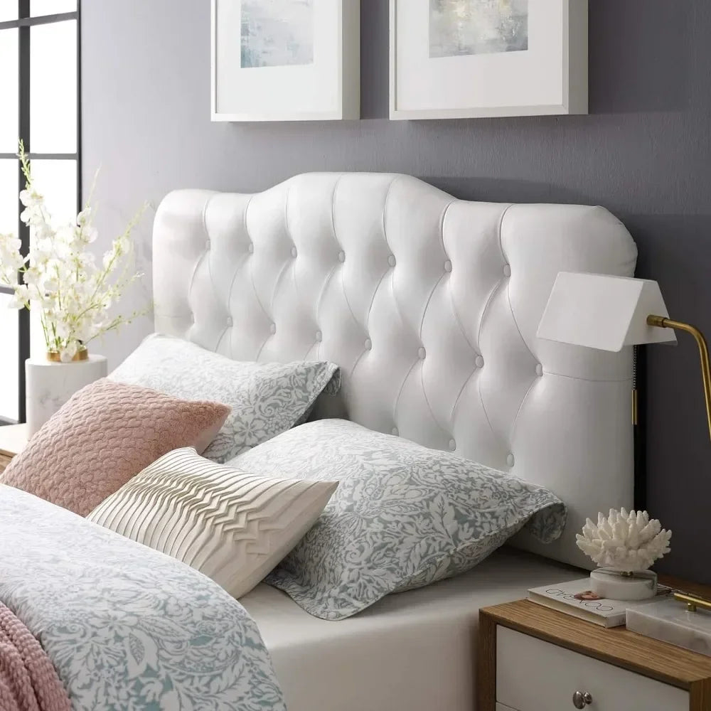 Headboard, tufted button faux leather white soft cushion full headboard, household bedroom large headboard