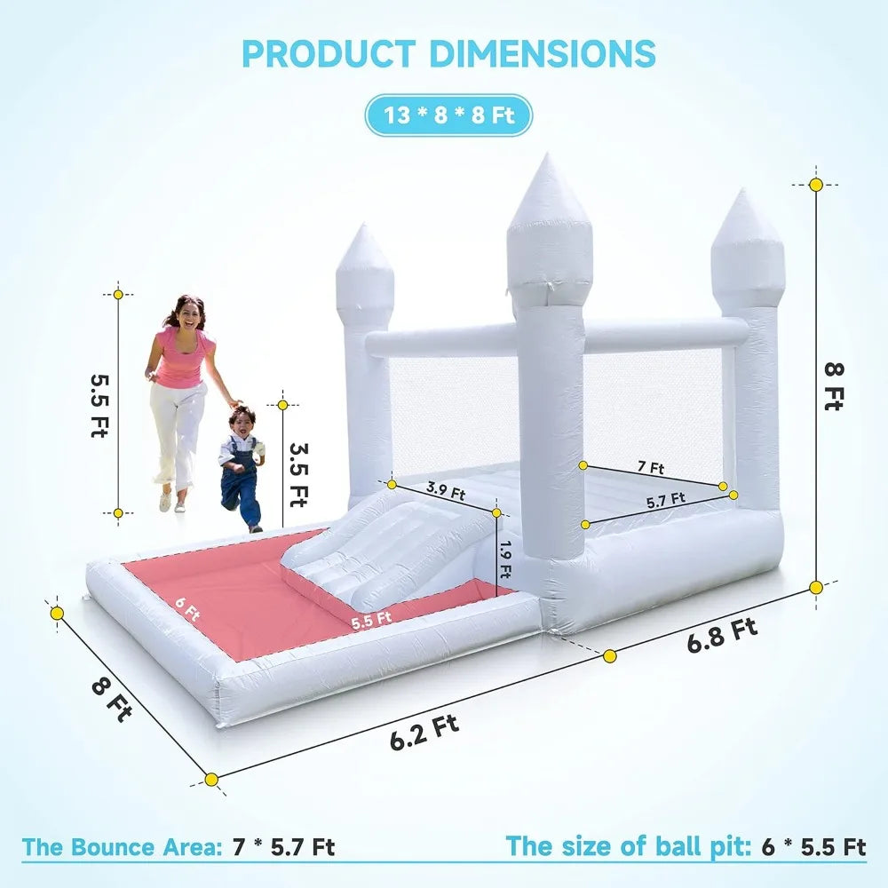 Casa inflable blanca para niños con soplador UL, 13' de largo x 8' de ancho x 8' de alto, piscina de bolas grande y espacio para saltar, 3 en 1