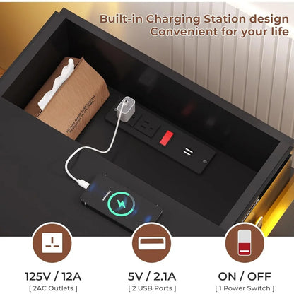 Ensemble de 2 tables de nuit à LED, table de nuit avec station de charge et plateau coulissant, table de chevet pour chambre à coucher, ensemble de 2