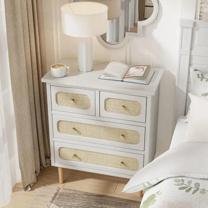 Wicker Rattan 4-Drawer Nightstands, White Finish Wooden Storage Chest of Drawers, Modern Farmhouse Accent Table