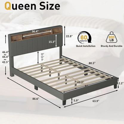 Tête de lit avec rangement, cadre de lit Queen rembourré avec station de charge intégrée et LED, sans bruit/support en bois/aucun sommier nécessaire