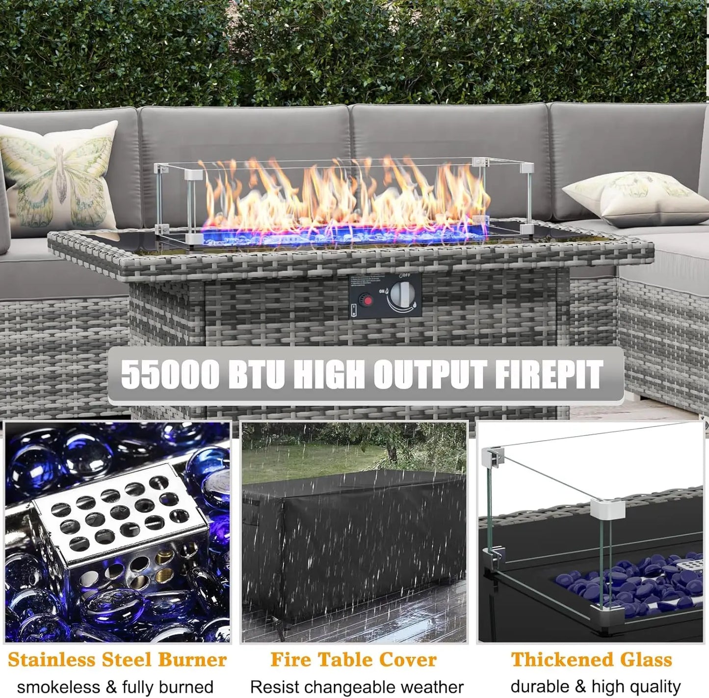 8 Piece Patio Furniture Set with 44" Propane Gas Fire Pit Table, Set Wicker Rattan Sofa Set and Coffee Table Rattan Möbel