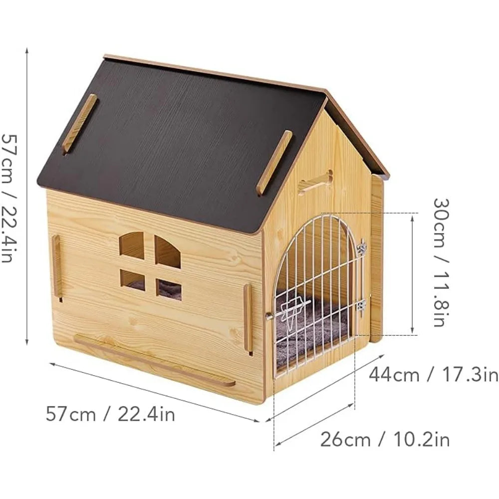 Casa de madera para mascotas con techo para perros, para uso en interiores y exteriores, fácil de montar, jaula transpirable para perros pequeños, medianos y gatos