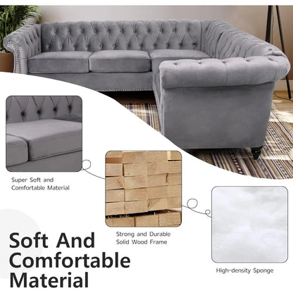 L-Shaped Sofa, Sectional Chesterfield Couch 5-Seater Velvet Upholstered Tufted Sofa with Rolled Armrest for Living Room