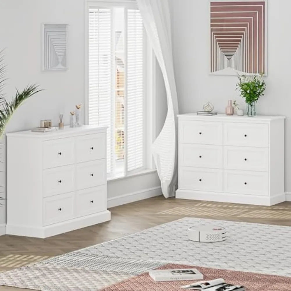 White Dresser, 6 Drawer Dresser White, Modern Double Chest with Deep Drawers, Wide Storage Organizer Cabinet