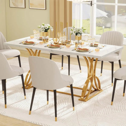 Grande table à manger moderne de 70,3 po pour 6 à 8 personnes, table de salle à manger de cuisine rectangulaire blanche avec plateau en faux marbre et