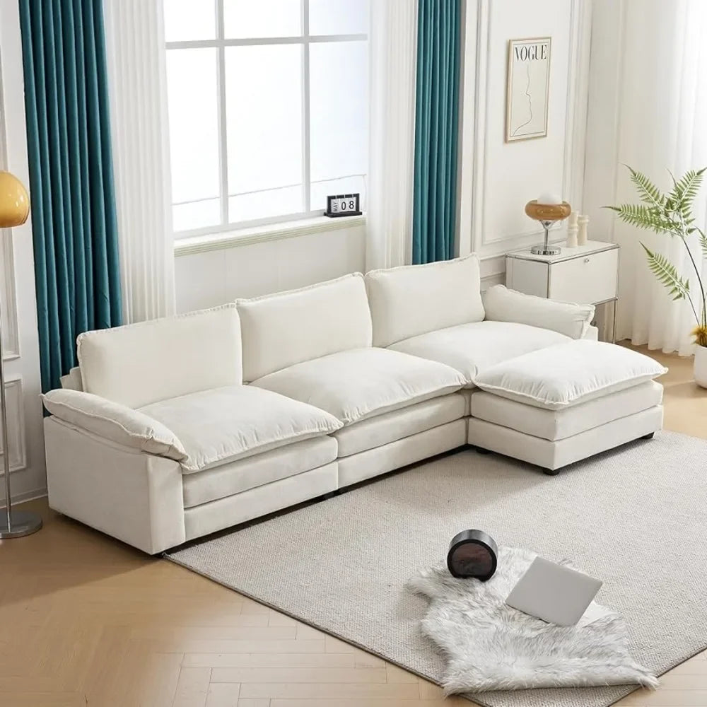 Sofa Sectional Deep 3-Seat Couch with Ottoman,Chenille Sofa Sleeper Comfy Upholstered Furniture for Living Room,Beige Couch