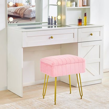 Redlife Vanity Stool Chair with Storage Faux Fur Makeup Ottoman, Dresser Furniture with Gold Metal Legs for Bedroom & Livingroom