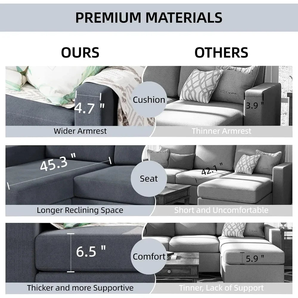 Convertible Sectional Sofa Couch, Modern Linen Fabric L-Shaped , 3-Seat Sofa Sectional with Reversible Chaise for Living Room