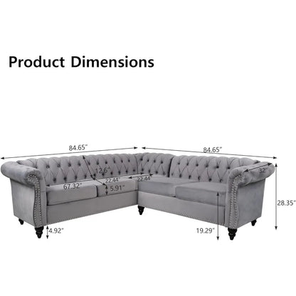 L-Shaped Sofa, Sectional Chesterfield Couch 5-Seater Velvet Upholstered Tufted Sofa with Rolled Armrest for Living Room