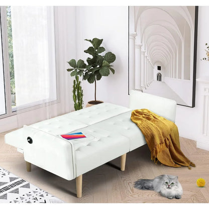 Canapé-lit futon convertible de 65 po avec 2 ports USB, petit canapé-lit pliant réglable rembourré, canapé-lit du milieu du siècle