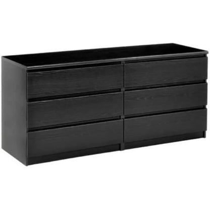 3 Piece Bedroom Set with 6 Drawer Double Dresser and Two 2 Drawer Nightstands in Black Woodgrain