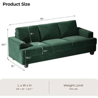 89 Inch Sofa, 3 Seater Sofa for Living Room, Modern Couchs and Sofas, Comfy Armrests and Seats and Backrests,Green