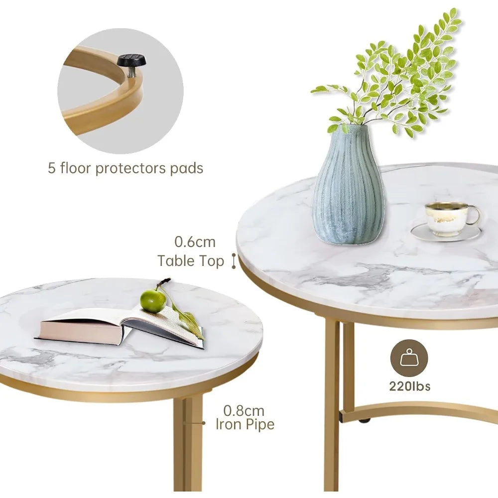 Coffee Table Nesting White Set of 2 Side Set Golden Frame Circular and Marble Pattern Wooden Tables, Living Room Bedroom