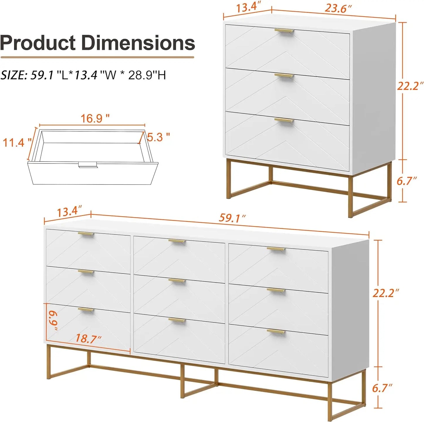 Commode 3/9 tiroirs, commode avec rangement, meuble de rangement avec pieds dorés pour chambre, salon, blanc/noir