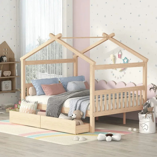 Cama de tamaño completo para niños, cama Montessori de tamaño completo con plataforma y 2 cajones, cama para niñas y niños (completo, natural)