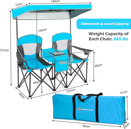 Double Beach Chair with Canopy Shade, Folding Lawn Camping Chairs with Sunshade & Mini Table Beverage Holder&Carrying Bag