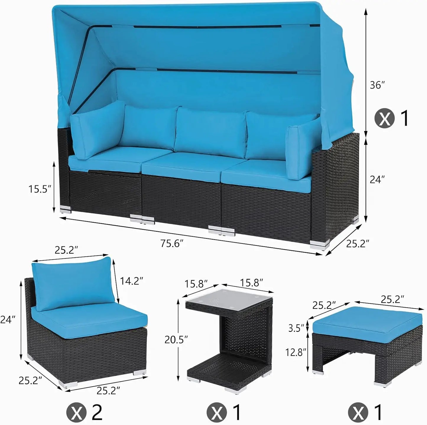 Ensemble de meubles de patio 7 pièces, lit de repos avec auvent rétractable, ensemble de canapé sectionnel en rotin, chaises de patio en osier