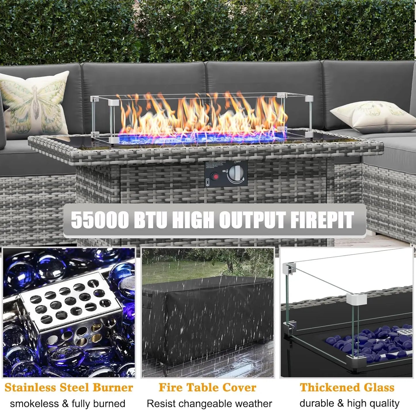 8 Piece Patio Furniture Set with 44" Propane Gas Fire Pit Table, Set Wicker Rattan Sofa Set and Coffee Table Rattan Möbel