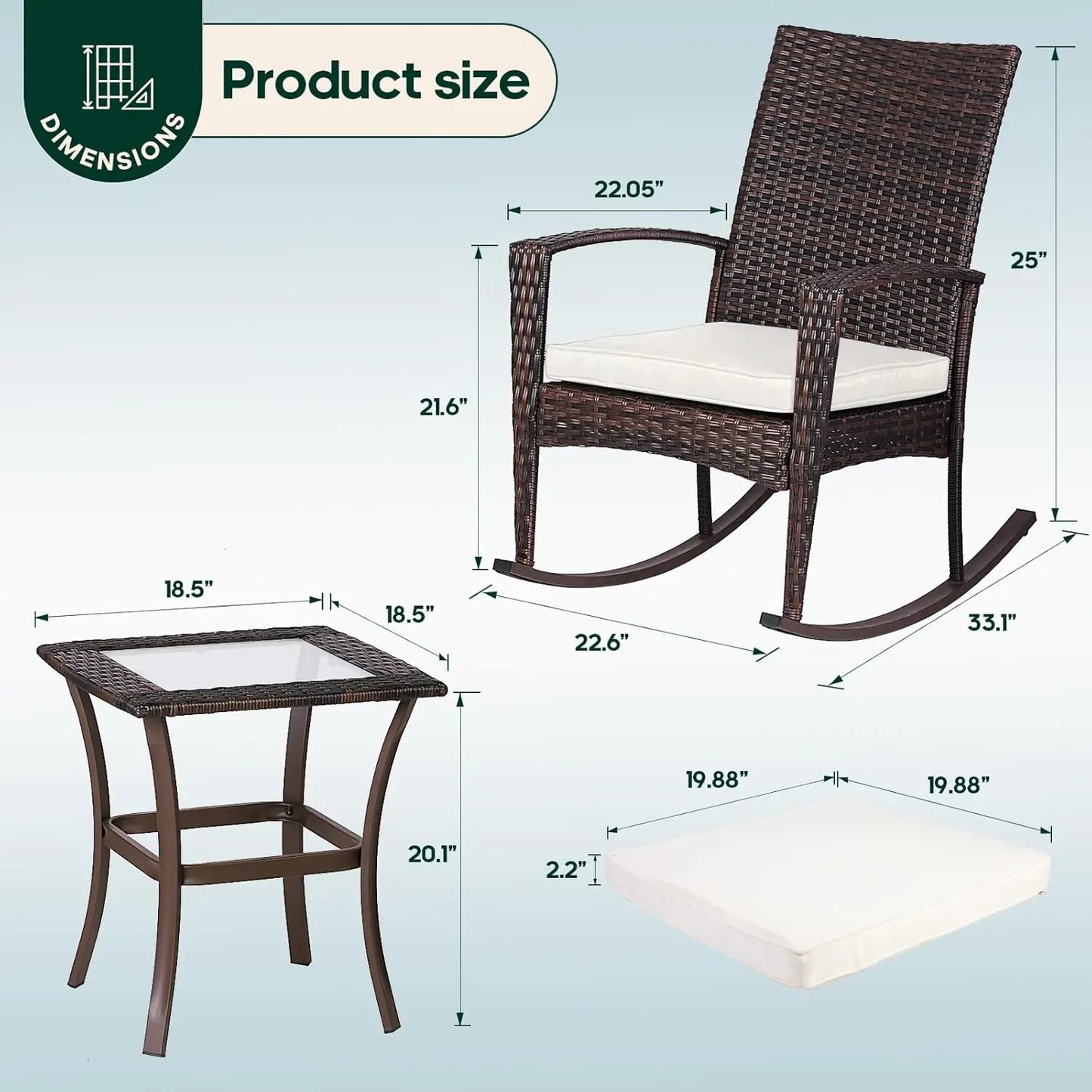 3 Piece Wicker Rocking Chair Patio Furniture Sets, Outdoor Wicker Bistro Rattan Chair Conversation Sets with Cushions and Table