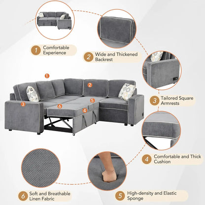 Convertible Sectional Sofa, Pull-Out Sleeper Sofa Bed with 3 Pillows and 2 USB Ports, L Shaped Couch with 2 Power Sockets