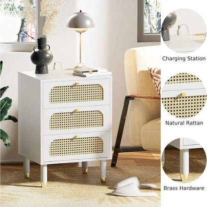 Bedside Table,  Rattan Nightstand with Charging Station, White Nightstand with 3 Drawers for Bedroom, Boho Mid Century Modern