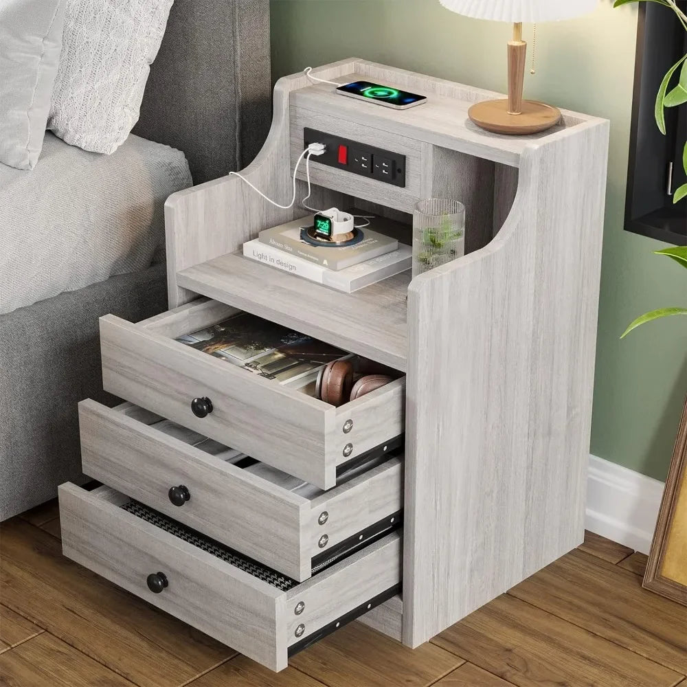 Night Stand Set 2, Nightstand with Charging Station & Hutch,Night Stands for Bedrooms Set of 2, Bedside Table with Drawers