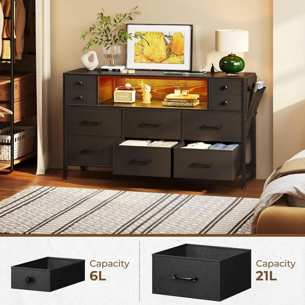 Dresser with Power Outlets and LED Lights, 10 Drawers Dresser with Side Pocket, Fabric Chest of Drawers with PU Finish