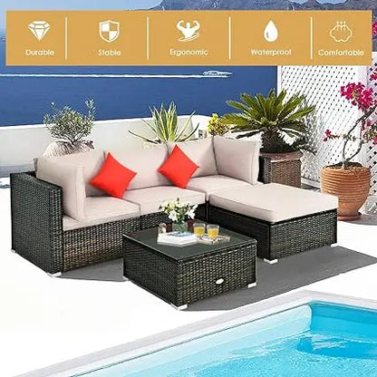 3/5-Piece Outdoor PE Rattan Furniture Set Patio Black Wicker Conversation Loveseat Sofa Sectional Couch Khaki Cushion outdoor