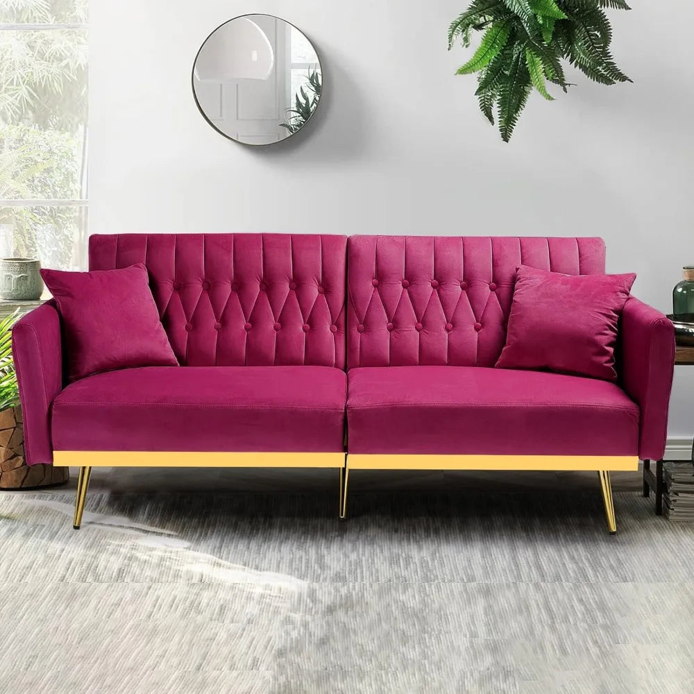 70in Velvet Futon Sofa Bed W/Adjustable Backrests and Armrests, Convertible Futon Couch with Two Pillows, Tufted Sleeper Bed