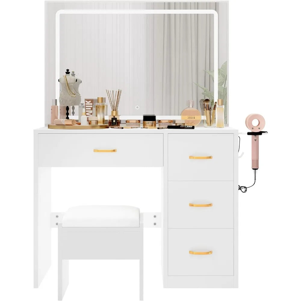 Commodes pour chambre à coucher, rangement blanc laiteux, coiffeuse, bureau avec grand miroir éclairé, avec prise de courant et bande LED