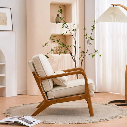 Fauteuil d'appoint moderne du milieu du siècle à dossier bas avec coussin, fauteuil de salon rembourré avec cadre en bois massif et coussin moelleux, beige