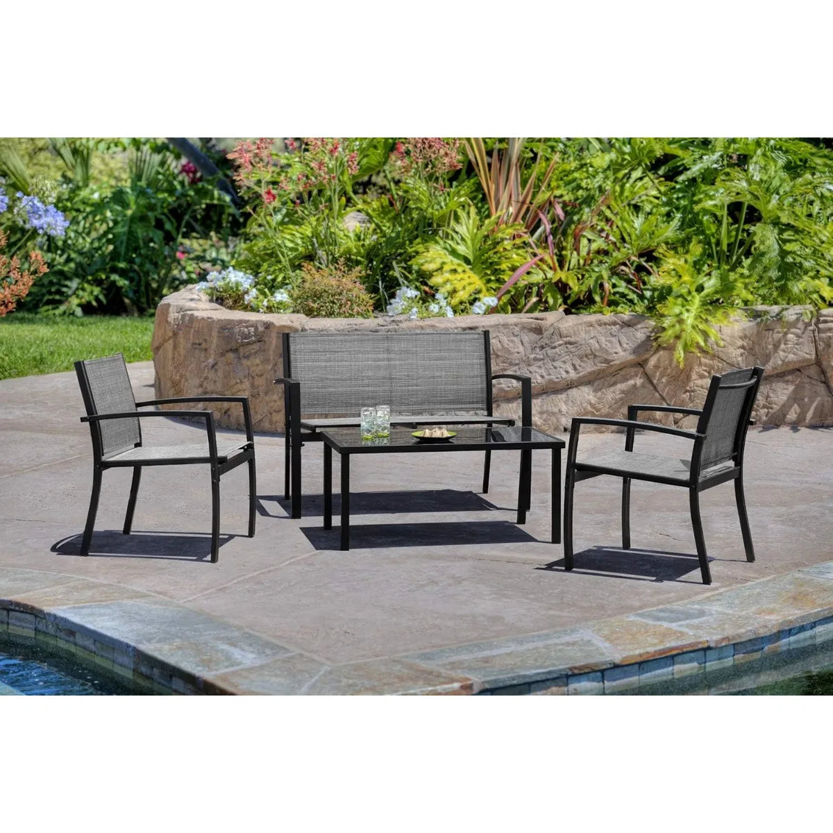 4 Pieces Outdoor Patio Furniture Conversation Glass Coffee Table Bistro Set with Loveseat Garden Yard Lawn and Balcony