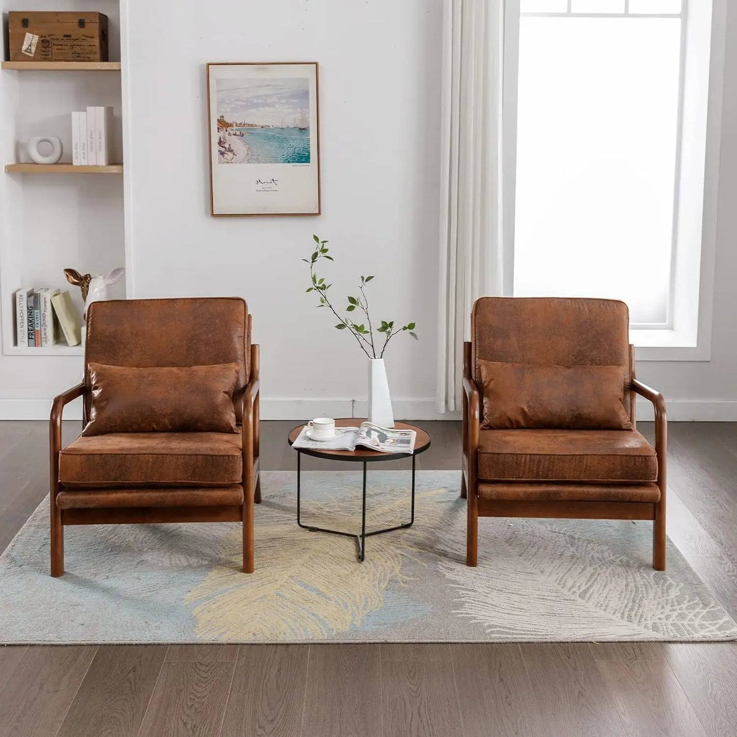 Chair Set of 2 Living Room-Comfy Solid Wood Arm Chair with Lumber Pillow Lounge Decorative Brown Leather Office Side Chair