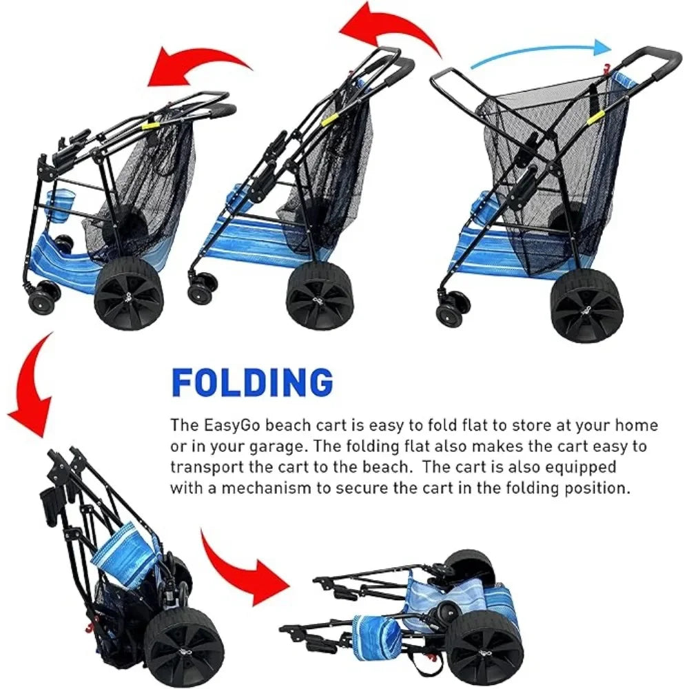 Heavy Duty Folding Design - Large Wheels for Sand - Holds 4 Beach Chairs - Storage Pouch - Beach Umbrella