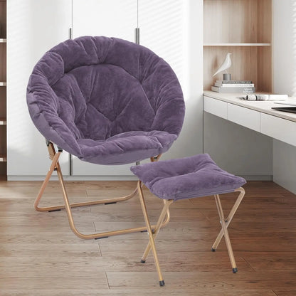 Round Foldable Oversized Moon Saucer Chair for Adults with Ottoman Foot Rest Large Cozy Chair for Bedroom, Purple 2-Set