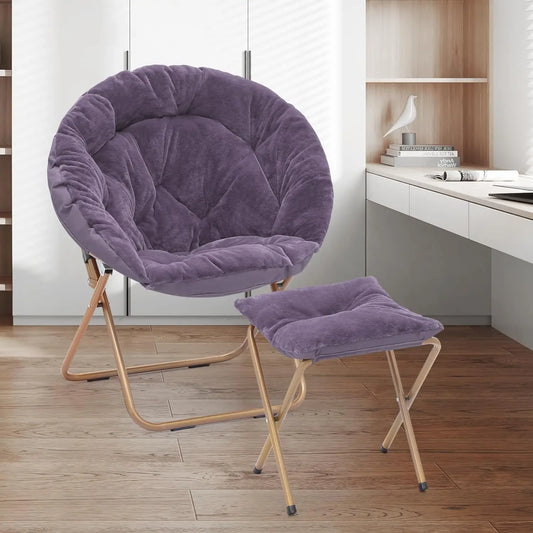 Round Foldable Oversized Moon Saucer Chair for Adults with Ottoman Foot Rest Large Cozy Chair for Bedroom, Purple 2-Set