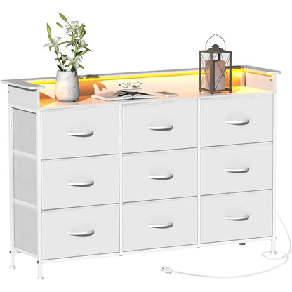 White Dresser with LED Light for Bedroom 9 Drawer Dressers with Charging Station Chests of Drawers Steel Frame Wooden Top