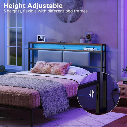 Tête de lit Queen Size, avec lumière LED et 2 prises et ports USB,Tête de lit