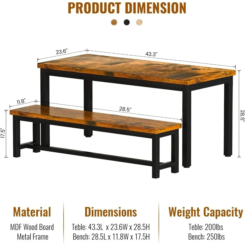 Juego de mesa de comedor para restaurante, juego de cocina con 2 bancos de 43,3 x 23,6 x 28,5 pulgadas, banco de 38,5 x 11,8 x 17,5 marrón industrial