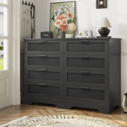 Commode noire pour chambre à coucher, commode longue moderne à 8 tiroirs avec design en cuir tressé, commode de rangement en bois de grande capacité