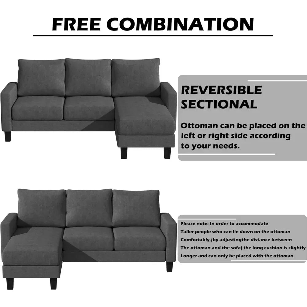 Convertible Sectional 3 L-Shaped Couch Soft Seat With Linen Fabric,Space-Saving Sofas For Living Room,Office, 70'',Dark Gray